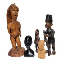 A COLLECTION OF 20TH CENTURY AFRICAN CARVED WOODEN TRIBAL ART FIGURES To include an ebonised bust