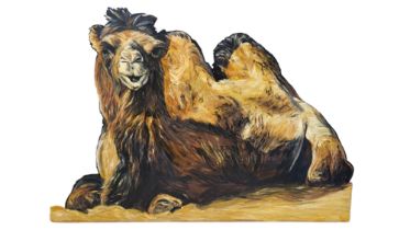 A LARGE HAND PAINTED WOODEN THEATRE PROP, A HUMP-BACK CAMEL. (w 221cm x h 153cm) Condition: good