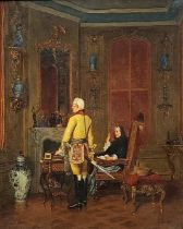 ALEXANDER FRIEDRICH WERNER,GERMAN 1827-1908,AN OIL ON CANVAS INTERIOR SCENE Titled 'An Officer and A