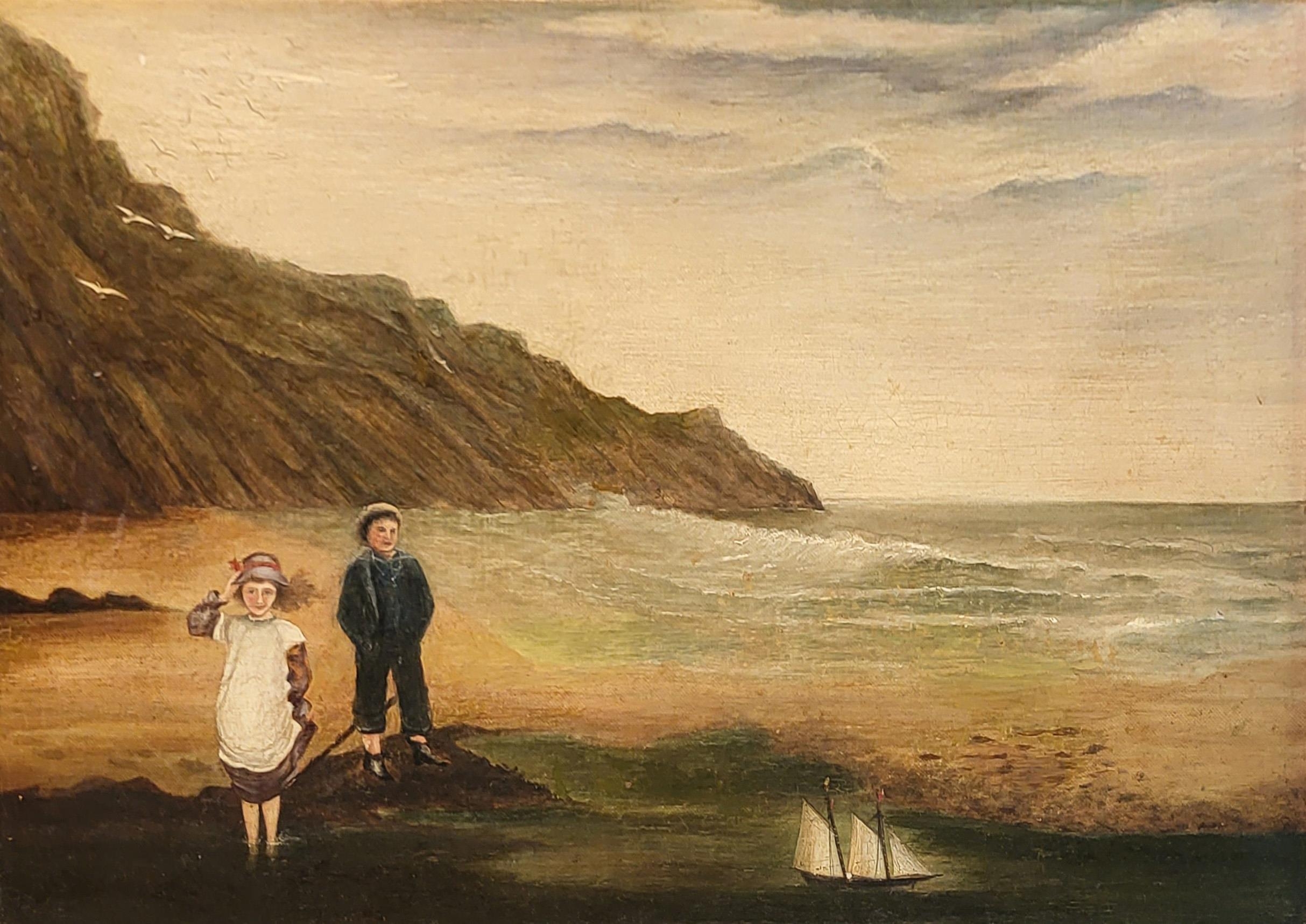 A VICTORIAN OIL ON CANVAS, COASTAL VIEW Children dressed in period attire with pond yacht, in