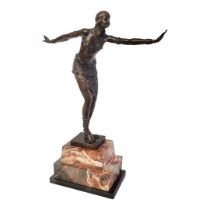 AFTER ‘DEMETRE CHIPERUS’ ART DECO STYLE BRONZE STATUE Showing a cabaret dancer on a marble base. (