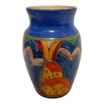 CANFORD, AN ART DECO OVOID FORM POTTERY VASE Hand painted decoration on blue ground, marked to