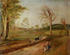 A 19TH CENTURY SCOTTISH OIL ON CANVAS, LANDSCAPE, FARMER WITH PLOUGH WITH FIGURES In period