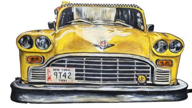 A LARGE HAND PAINTED WOODEN THEATRE PROP ILLUSTRATION OF A NYC YELLOW CAB. (w 220cm x h 157cm)