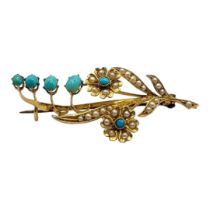 A 19TH CENTURY CONTINENTAL 18CT GOLD, TURQUOISE AND SEED PEARL BAR BROOCH Graduated cut turquoise