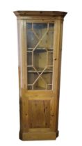 A 19TH CENTURY STYLE PINE FLOOR STANDING CORNER CABINET The single astragal glazed door above