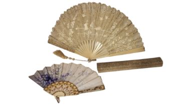 TWO 19TH CENTURY FRENCH HAND PAINTED FANS Wood frame fan with folded lace panels,hand painted with