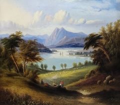 THE HEAD OF WINDERMERE, AN EARLY 19TH CENTURY OIL ON CANVAS With figures in the foreground,