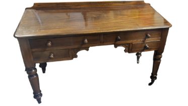 A VICTORIAN MAHOGANY KNEEHOLE DRESSING TABLE With an arrangement of three drawers, raised on