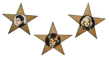 A SET OF THREE LARGE HAND PAINTED WOODEN THEATRE PICTORIAL STARS Elvis Presley, Charlie Chaplin