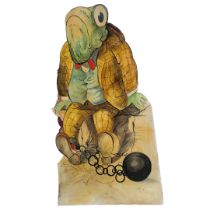 A LARGE WOODEN HAND PAINTED THEATRE PROP ILLUSTRATION OF ‘TOAD’ OF TOAD HALL. (w 123cm x h 228cm)
