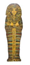 A LARGE WOODEN HAND-PAINTED THEATRE PROP, KING TUTANKHAMUN SARCOPHAGUS. (w 67cm x h 213cm)