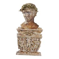 A LARGE HAND PAINTED WOODEN THEATRE PROP, BUST OF AN ANCIENT ROMAN NOBLEMAN On Corinthian