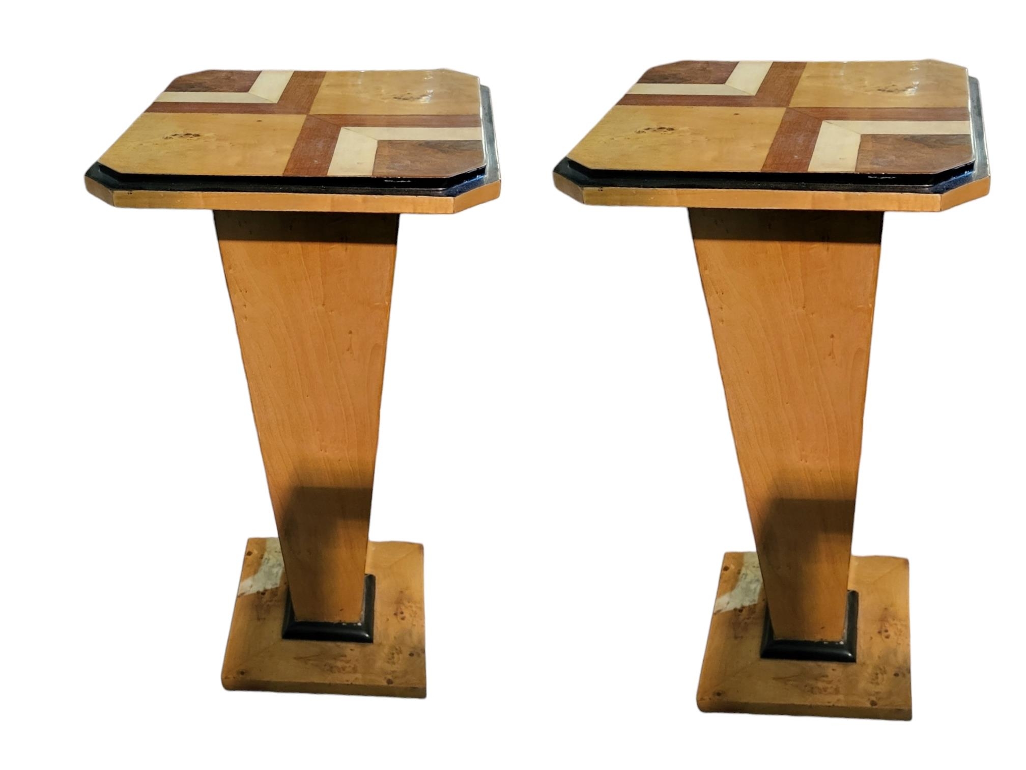 A PAIR OF CONTINENTAL ART DECO DESIGN MAPLE AND MIXED WOODS INLAID SIDE TABLES The square tops