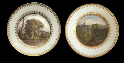 A PAIR OF SWANSEA CABINET PLATES Polychrome enamelled with a view of Ledbury Church,