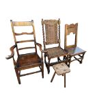 A 19TH CENTURY OAK OPEN ARMCHAIR With swept arms and solid seat, along with an 18th Century standard