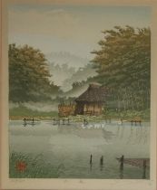 A MID 20TH CENTURY JAPANESE WOODBLOCK PRINT Rural landscape, view by a lake, signed in pencil in