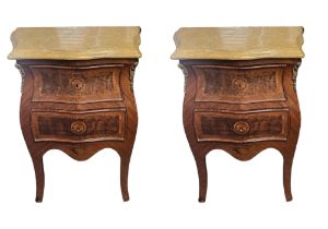 A PAIR OF 19TH CENTURY STYLE DUTCH WALNUT AND KINGWOOD INLAID SIDE CABINETS With champagne marble