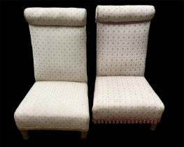 A PAIR OF LATE VICTORIAN SCROLL BACK BOUDOIR CHAIRS In cream and gold fabric upholstery, on turned