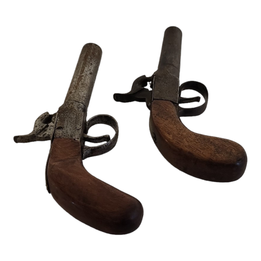 TWO LATE 18TH/EARLY 19TH CENTURY PERCUSSION CAP PISTOLS Having steel barrels and carved wooden - Image 3 of 4