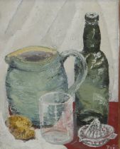 P.S. EDWARDS, A MID CENTURY OIL ON BOARD Still life, green bottle, jug and glass with lemon,