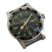 OUTSPAN, A VINTAGE STAINLESS STEEL GENT’S WRISTWATCH Enamel black bezel marked with world times,