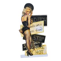 A LARGE WOODEN HAND PAINTED THEATRE PROP MARILYN MONROE In burlesque outfit with backdrop of