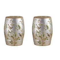 A PAIR OF CHINESE SILVERED POTTERY AND FLORAL DECORATED BARREL STOOLS/GARDEN SEATS. (29cm x 46cm)