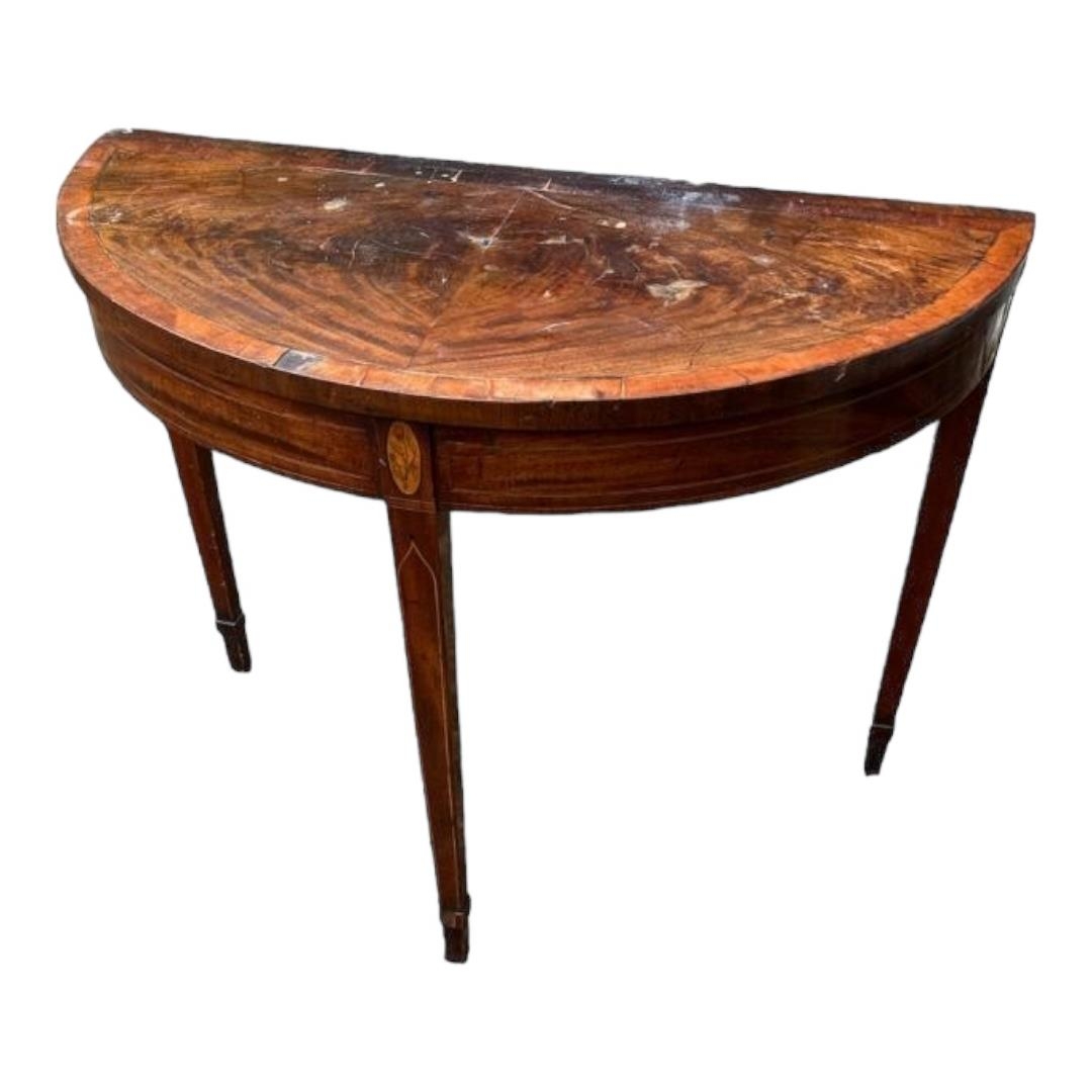 A GEORGE III PERIOD MAHOGANY AND MARQUETRY INLAID FOLD OVER CARD TABLE Along with another demilune - Image 2 of 2