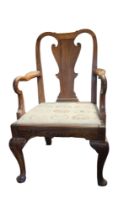 A GEORGIAN OAK OPEN ARMCHAIR With vase back, Shepherd's crook arms and upholstered drop in seat,
