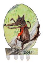 A LARGE WOODEN THEATRE PROP ILLUSTRATION OF MR WOLF Feather decoration on edge and sat on a picket