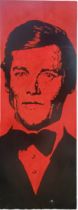 A LARGE OIL ON BOARD THEATRE PROP PORTRAIT OF ROGER MOORE, AS 007. (w 91cm x h 245cm) Condition: