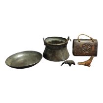 A 19TH CENTURY COPPER AND BRASS PROVINCIAL SINGLE HANDLED POLISHED POT Mamluk style (possibly Indian