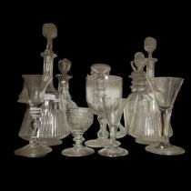 TWO EARLY 19TH CENTURY CUT CRYSTAL GLASS PRUSSIAN STYLE ENGLISH DECANTERS AND STOPPERS, CIRCA 1820 -