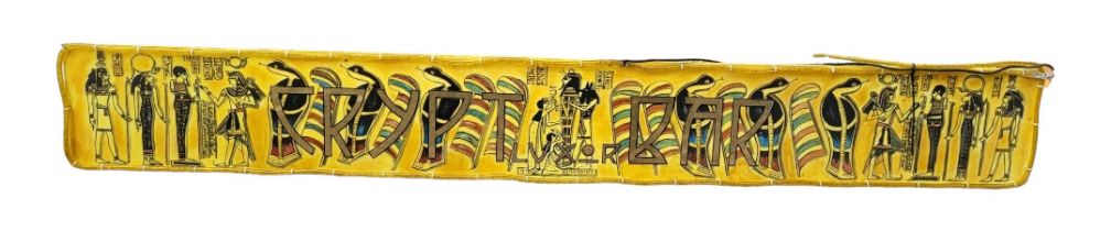 A LARGE WOODEN HAND PAINTED THEATRE PROP, ILLUMINATED SIGN WITH PAINTED EGYPTIAN HIEROGLYPHICS