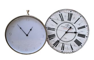 TWO LARGE CONTEMPORARY QUARTZ WALL CLOCKS Rustic vineyard and polished chrome. (largest w 60cm x d