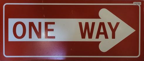 A PAIR OF METAL THEATRE PROP ‘ONE WAY’ ROAD SIGNS. (w 58cm x h 25cm) Condition: good overall, some
