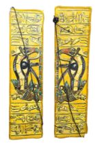 A PAIR OF LARGE HAND PAINTED WOODEN THEATRE PROP ILLUMINATED SIGNS WITH PAINTED EGYPTIAN