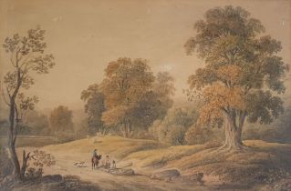 CIRCLE OF CHARLES TOWNE, 1763 - 1840, LIVERPOOL, WATERCOLOUR Landscape with figures on a road,
