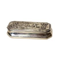 A VICTORIAN SILVER FIGURAL RECTANGULAR TRINKET BOX With embossed courting scene to lid, hallmarked