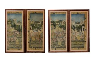 A SET OF FOUR 20TH CENTURY INDIAN WATERCOLOURS, FABRIC LANDSCAPES Figures wearing period traditional