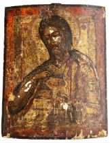 A 19TH CENTURY ICON (POSSIBLY RUSSIAN) OIL AND GILT ON PANEL (34.5cm x 44cm)