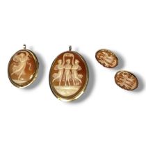 TWO 14CT YELLOW GOLD SHELL CAMEO BROOCHES AND A PAIR OF 14CT GOLD CAMEO EARRINGS. (largest: 50mm x