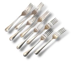 A. HAVILAND-NYE, EIGHT HANOVERIAN PATTERN SILVER FORKS, HALLMARKED LONDON 1970 & 1973. (length 17.