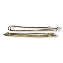 A 9CT GOLD FLAT CURB LINK CHAIN AND ONE OTHER. (both approx length 46cm, 5.8g)