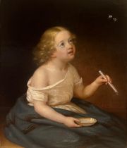 ERIK WAHLBERGSON, SWEDEN, 1808 - 1865, 19TH CENTURY OIL ON CANVAS Portrait of a young girl blowing