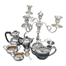 A COLLECTION OF SILVER PLATED ITEMS COMPRISING TWO TEAPOTS, COFFEE POT, MILK JUG, SUGAR BOWL,