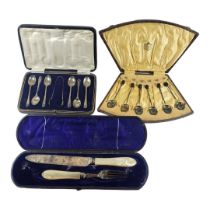 LEVESLEY BROTHERS, A CASED VICTORIAN SILVER AND MOTHER OF PEARL KNIFE & FORK SET, HALLMARKED