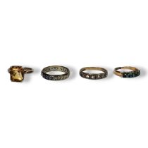 A COLLECTION OF FOUR 9CT GOLD RINGS, TO INCLUDE CITRINE, TURQUOISE, WHITE & BLUE SPINELS. (UK ring