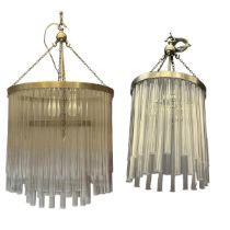 TWO STYLISH ART DECO DESIGN SILVERED AND TUBULAR GLASS CHANDELIERS. (largest drop 84cm x Diameter